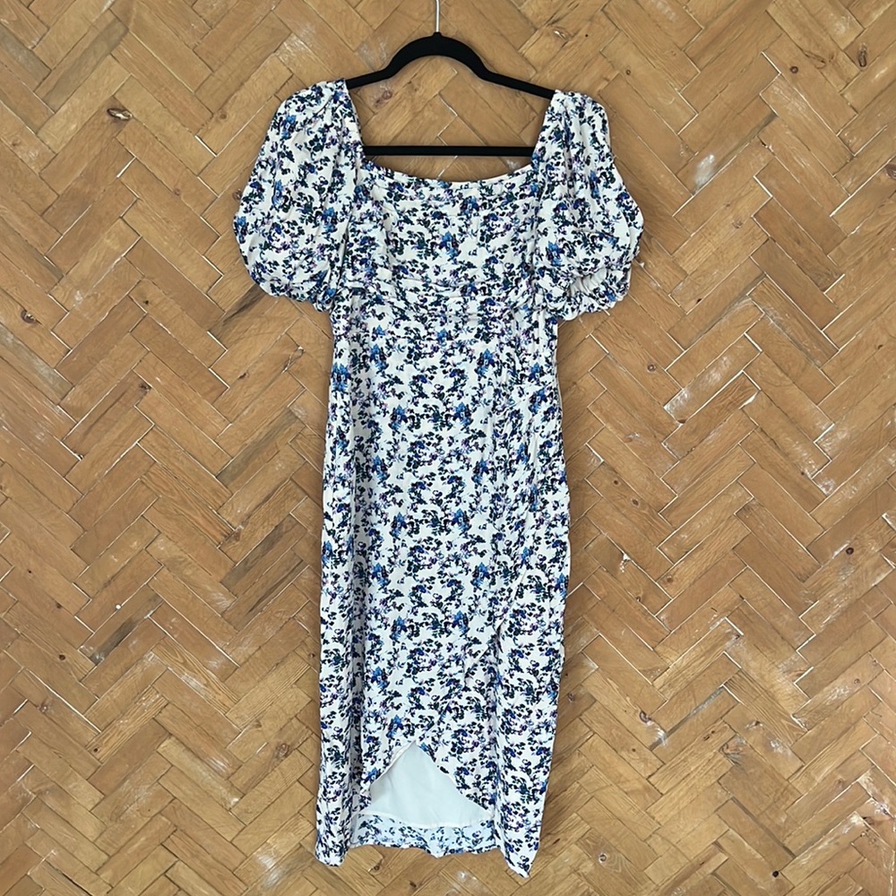 Astr Floral Puff Sleeve Dress - Blue and White